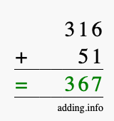 Calculate 316 + 51 using long addition