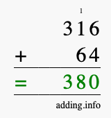 Calculate 316 + 64 using long addition