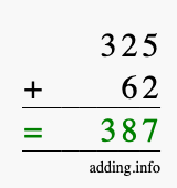 Calculate 325 + 62 using long addition