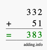 Calculate 332 + 51 using long addition