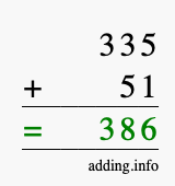 Calculate 335 + 51 using long addition