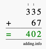 Calculate 335 + 67 using long addition