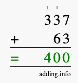 Calculate 337 + 63 using long addition