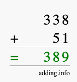 Calculate 338 + 51 using long addition