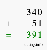 Calculate 340 + 51 using long addition