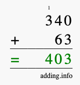 Calculate 340 + 63 using long addition