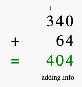 Calculate 340 + 64 using long addition