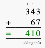 Calculate 343 + 67 using long addition