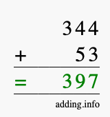 Calculate 344 + 53 using long addition