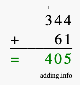 Calculate 344 + 61 using long addition