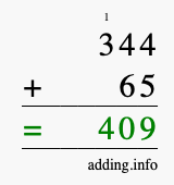 Calculate 344 + 65 using long addition