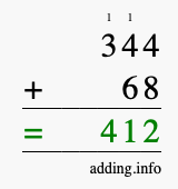 Calculate 344 + 68 using long addition
