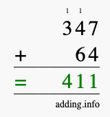 Calculate 347 + 64 using long addition
