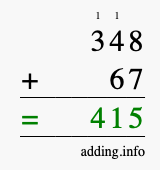 Calculate 348 + 67 using long addition