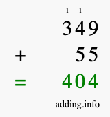 Calculate 349 + 55 using long addition