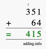 Calculate 351 + 64 using long addition