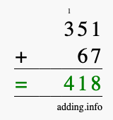 Calculate 351 + 67 using long addition