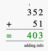 Calculate 352 + 51 using long addition