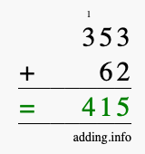 Calculate 353 + 62 using long addition