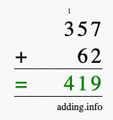 Calculate 357 + 62 using long addition