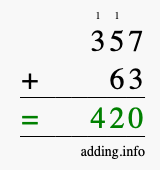 Calculate 357 + 63 using long addition