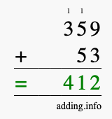 Calculate 359 + 53 using long addition