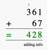 Calculate 361 + 67 using long addition