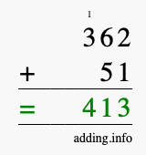 Calculate 362 + 51 using long addition