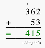 Calculate 362 + 53 using long addition