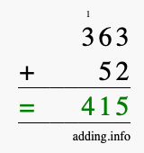 Calculate 363 + 52 using long addition
