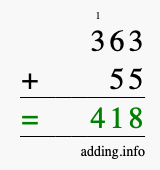 Calculate 363 + 55 using long addition