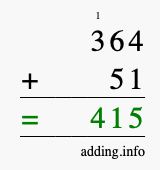 Calculate 364 + 51 using long addition