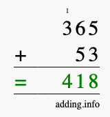 Calculate 365 + 53 using long addition