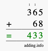 Calculate 365 + 68 using long addition
