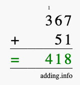 Calculate 367 + 51 using long addition