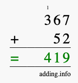 Calculate 367 + 52 using long addition