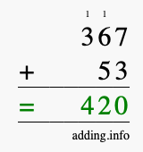 Calculate 367 + 53 using long addition