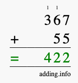 Calculate 367 + 55 using long addition