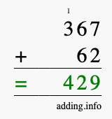 Calculate 367 + 62 using long addition