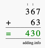 Calculate 367 + 63 using long addition