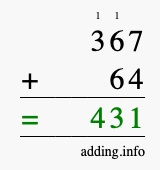 Calculate 367 + 64 using long addition