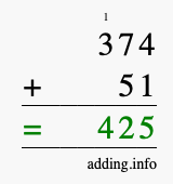 Calculate 374 + 51 using long addition