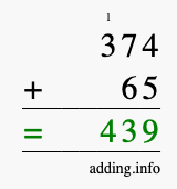 Calculate 374 + 65 using long addition