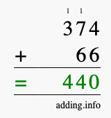 Calculate 374 + 66 using long addition