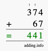Calculate 374 + 67 using long addition