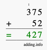 Calculate 375 + 52 using long addition