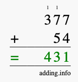 Calculate 377 + 54 using long addition