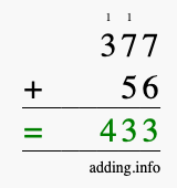 Calculate 377 + 56 using long addition