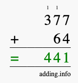 Calculate 377 + 64 using long addition