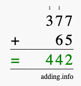 Calculate 377 + 65 using long addition